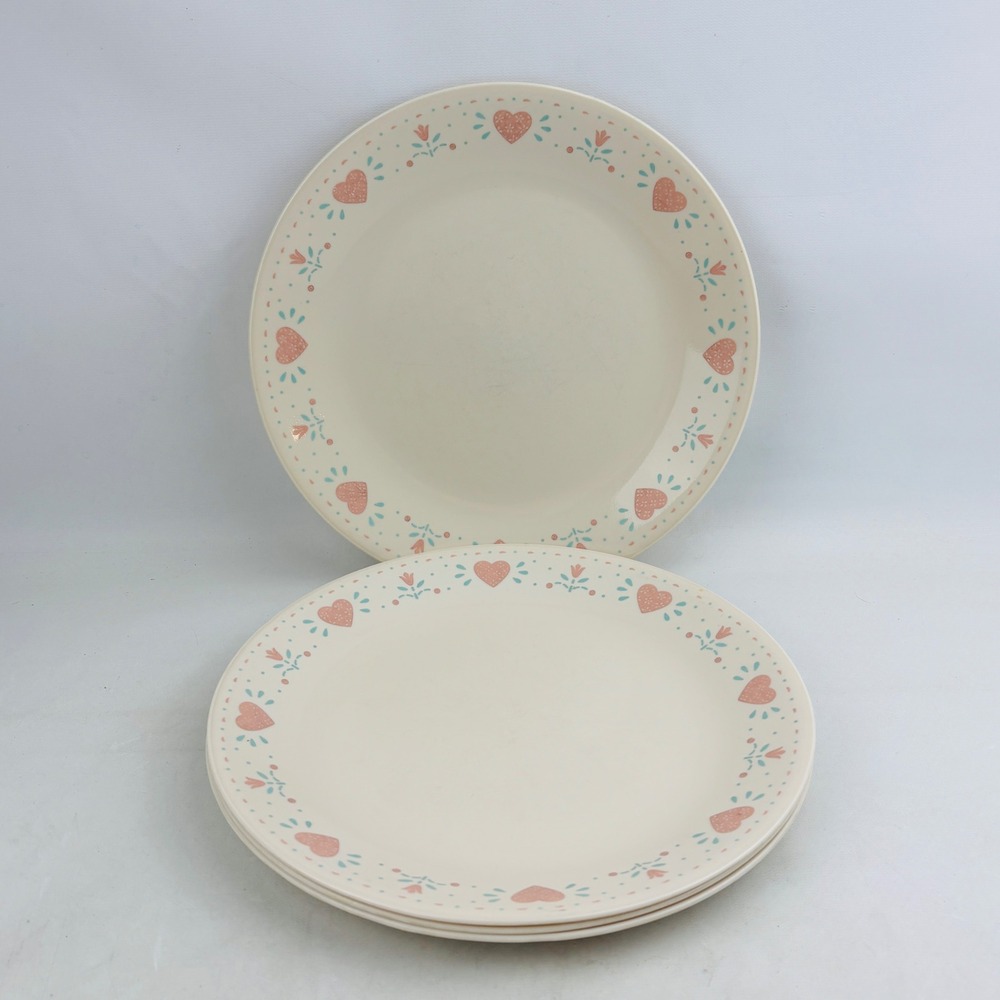 Corelle Forever Yours 4 Dinner Plate Set Country Hearts Pink Teal 10.25" Vintage